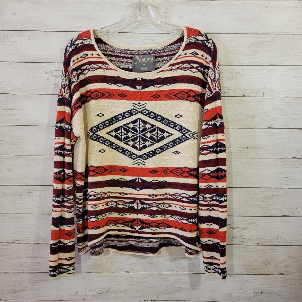 Natural Reflections Sweater‎ Womens Medium Cream Burnt Orange Aztec Southwestern